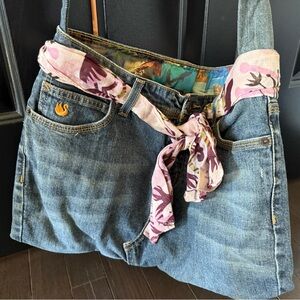 Denim Tote Bag with Pink Floral Accent